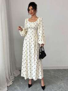 Modelyn Women's Apricot Bow Print Woven Cinched Waist Long Sleeve Elegant Dress - Apricot - View 5