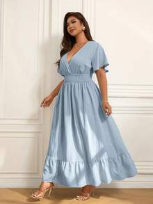 Femmeverse Plus Size Women Elegant Cap Sleeve Dress, Suitable For Beach Holiday - Blue - View 7