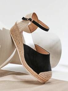 SHUZIA Women Elegant Ankle Strap Espadrille Wedges - Black - View 7