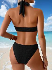 Swim Chiccia Bikini minimaliste noir à encolure bateauavec décoration de coquillage et bas à nouer. Tenue de plage 2 pièces pour femmes en vacances d'été - Noir - Voir 2
