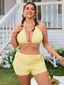 Swim Mod 大码女式三件套抽绳三角内裤和高腰短裤休闲泳装套装 - 黃色 - 查看 4