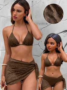 Swim Vcay Bộ bikini 3 mảnh dành cho nữ, họa tiết lá, kiểu cổ yếm, hở lưng, gợi cảm, thích hợp cho kỳ nghỉ biển. - màu nâu - Xem 3