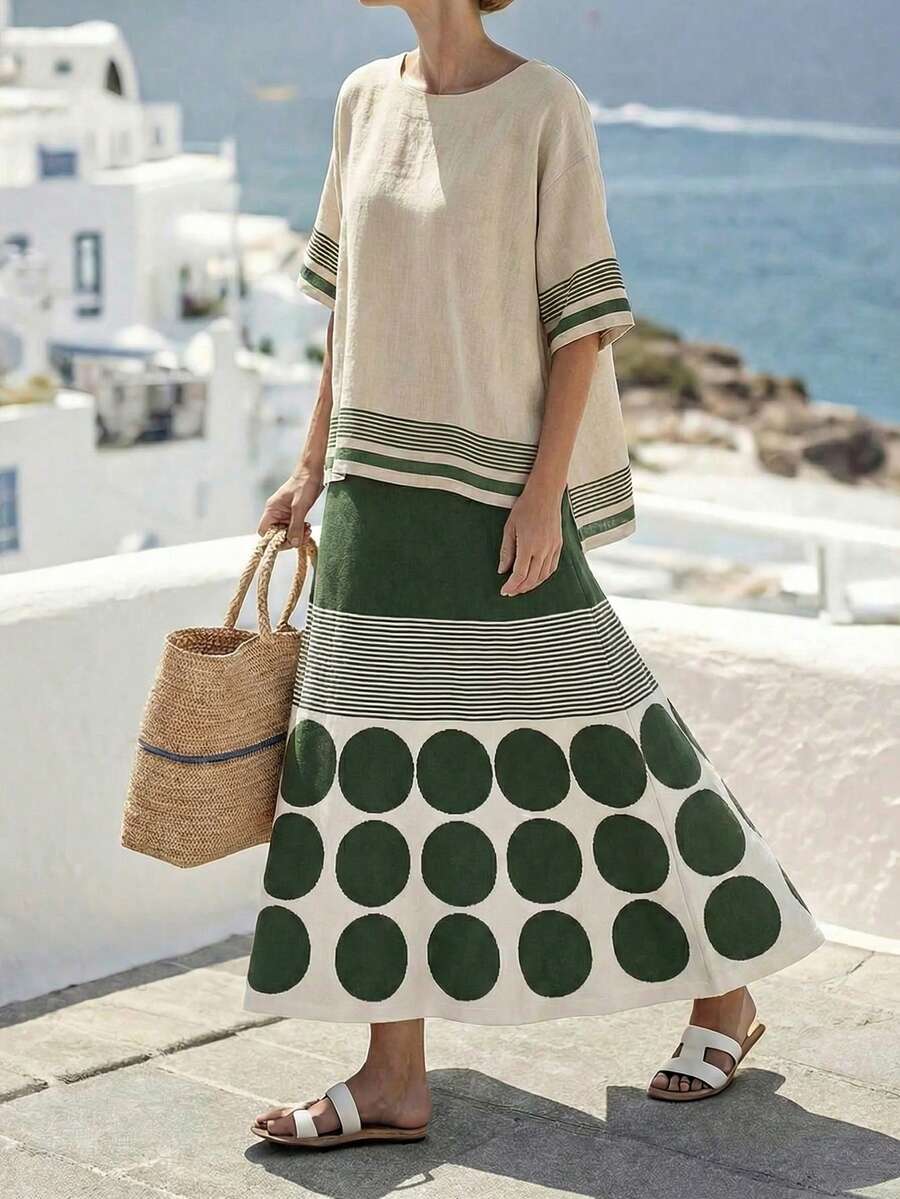 Franclia Elegant Geometric Polka Dot & Striped Long A-Line Knit Skirt, Casual & Versatile For Commuting, Autumn/Winter - Multicolor - View 1