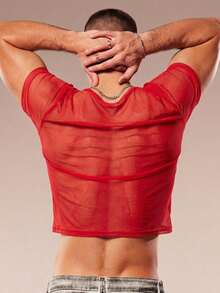 FeverCity Men's Round Neck Lip Print Mesh Casual Versatile Daily Wear Short Sleeve T-Shirt - Red - View 2