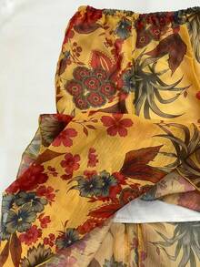 Airaco 女士休闲度假风印花不对称下摆中长裙 - 黃色 - 查看 5