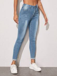 SHEIN PETITE Women's Casual Washed High Waist Skinny Jeans - Light Wash - View 3