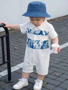 Set de 2 piezas de camisa tipo polo con estampado de hojas y pantalones cortos con sombrero, estilo de campo para bebé niño, conjunto de vacaciones de verano, estilo de ocio y vacaciones - Multicolor - Ver 4