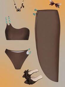 Swim Oasis Summer Fashion Solid Color Shiny Fabric Matching Accessories Design Bikini Set With Beach Cover-Up - Coffee Brown - View 2