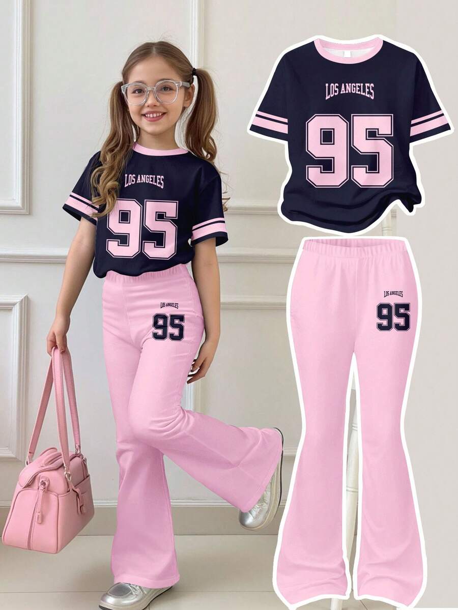 SHEIN 2-Piece Navy Blue & Neon Pink Contrast Color Graphic Tee & Wide Leg Pants Set, Casual Loose Fit Short Sleeve Round Neck T-Shirt And Flared Pants Outfit, Suitable For Spring/Summer Daily Wear, Street Style, Outings, Home, Vacation, Homecoming, Back To School - Multicolor - View 1