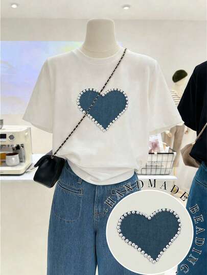 Lalippa Women's Casual Faux Denim Heart Print Pearl Decor Loose Batwing Short Sleeve White T-Shirt, Women's Elegant Handmade Pearl Heart T-Shirt, Soft Round Neck Short Sleeve Top, Suitable For Casual And Formal Occasions, Machine Washable, Layerable Top For Daily And Special Occasions