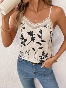 Camiseta de verano con estampado de plantas y encaje para mujer, atuendo de vacaciones, camiseta suelta, elegante y cómoda para salir en verano - Negro - Ver 5