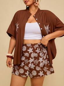 Travachic Bộ đồ nữ cỡ lớn màu nâu dáng rộng gồm áo sơ mi và quần váy, in họa tiết sinh vật biển, kiểu dáng thường ngày, quần short rộng rãi. - màu nâu - Xem 4