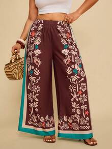 Travachic Plus Size Women's Burgundy Floral Print Wide Leg Pants With Pockets,Loose Casual Autumn Boho Trousers For Vacation,Holiday,Tropical Resort Wear - Multicolor - View 6