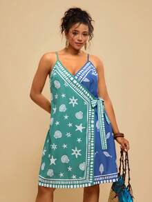 Travachic 大码休闲印花抽绳裹身吊带连衣裙，沙滩裙，度假装，波西米亚风 - 彩色 - 查看 7