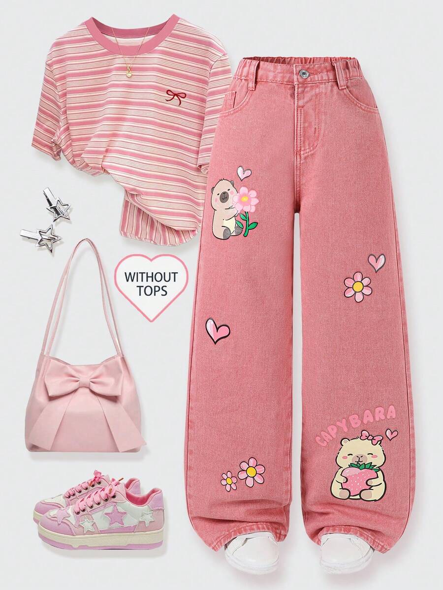 SHEIN ChillGRL 少女粉色可愛水豚印花寬腿牛仔褲，少女高腰牛仔褲卡通圖案，返校季秋季校園休閒薄款長褲