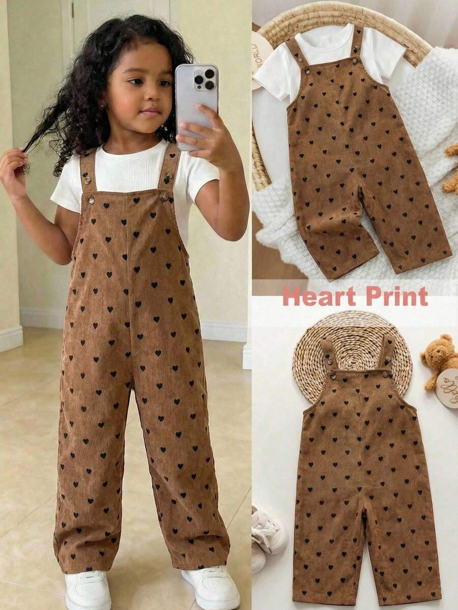 SHEIN Quần yếm kiểu dáng thường ngày cho bé gái, màu nâu cà phê, in hình trái tim, chất liệu nhung kẻ, dáng rộng, thích hợp cho mặc hàng ngày, đi học, đi nghỉ mát, dự tiệc. Ống quần rộng, chất liệu mềm mại và thoải mái, đa năng cho mặc hàng ngày, đi học, đi làm, mùa xuân/hè. Quần yếm kiểu dáng đường phố in hình báo đốm cho bé gái, quần yếm in hình trái tim, quần áo trẻ sơ sinh cho bé gái, quần yếm nhung kẻ cho bé gái có dây đeo điều chỉnh được. - màu nâu - Xem 1