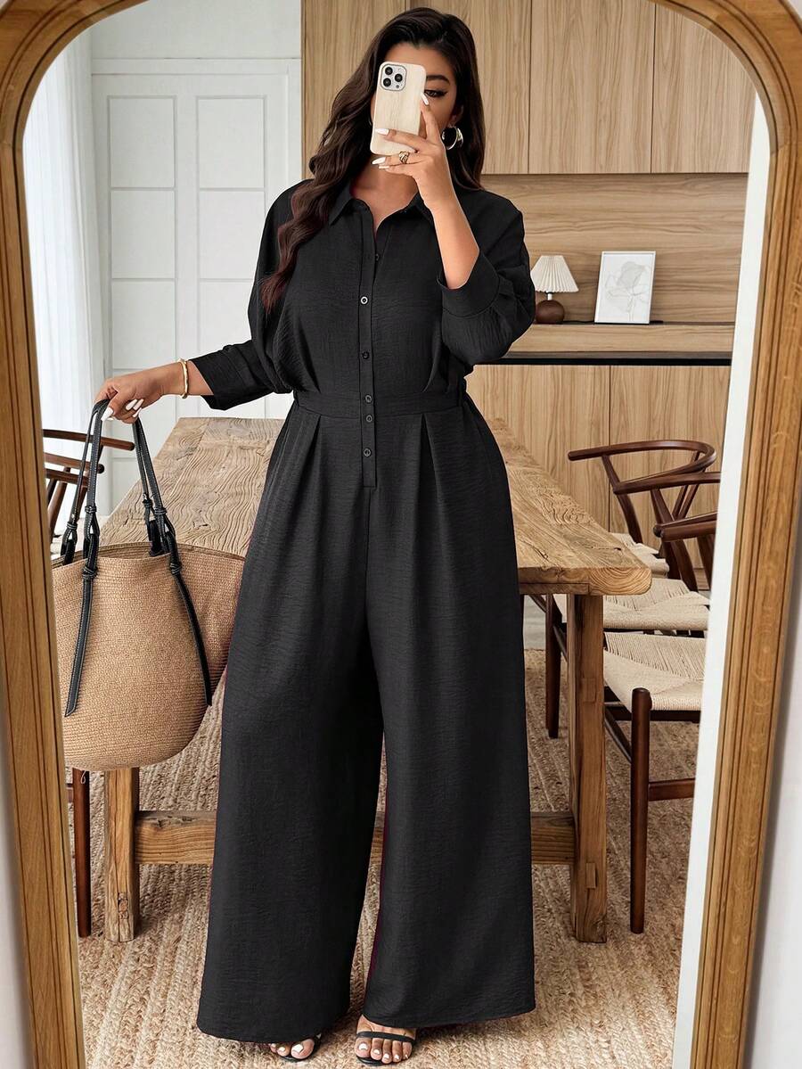 Weeklong Mono con cuello y volantes en las mangas para mujer de talla grande, cintura ceñida, para uso casual y de oficina - Negro - Ver 1