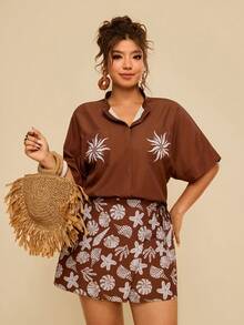 Travachic Bộ đồ nữ cỡ lớn màu nâu dáng rộng gồm áo sơ mi và quần váy, in họa tiết sinh vật biển, kiểu dáng thường ngày, quần short rộng rãi. - màu nâu - Xem 8