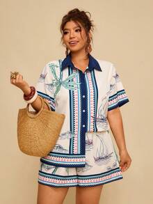 Travachic 大码休闲度假热带波西米亚风水果植物印花不对称短袖衬衫上衣+沙滩短裤两件套女装 - 彩色 - 查看 6