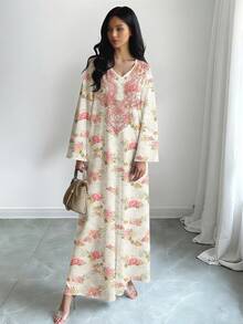 SHEIN Najma 玫瑰碎花V领长袖连衣裙，女士波西米亚风碎花长裙，优雅阿拉伯服饰，适合春夏度假和日常穿着 - 彩色 - 查看 4