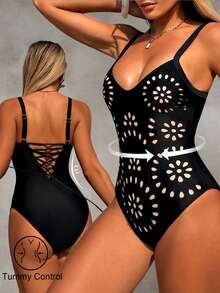 Shapewave Traje de baño de una pieza de unicolor con espalda descubierta y ajustable, con control de abdomen, corte alto estilizante, adecuado para vacaciones en la playa en verano - Negro - Ver 6