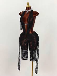 Amplova 2026 Lace See-Through Sexy Music Festival Jumpsuit For Women - Black - View 1