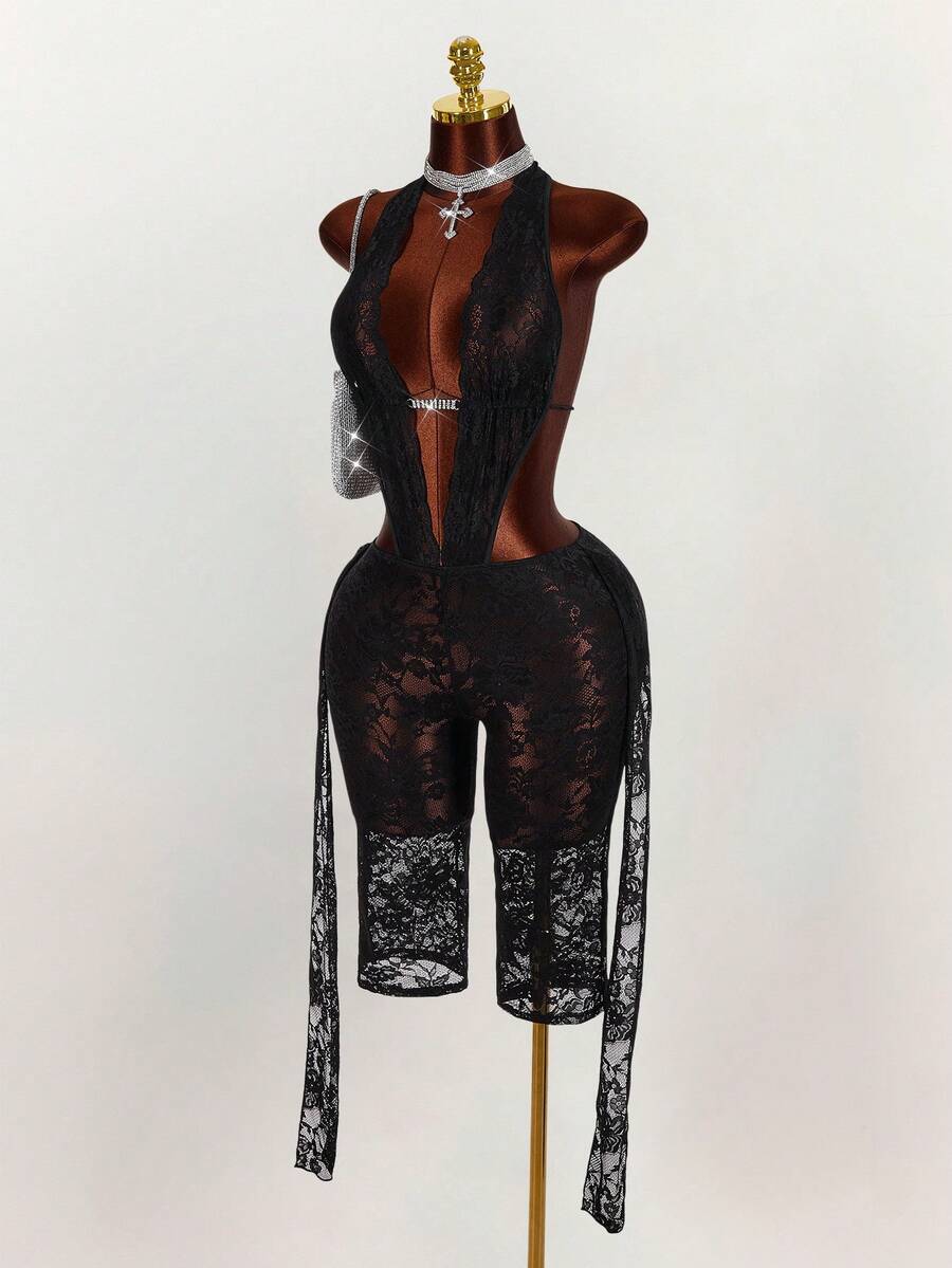 Amplova 2026 Lace See-Through Sexy Music Festival Jumpsuit For Women - Black - View 1