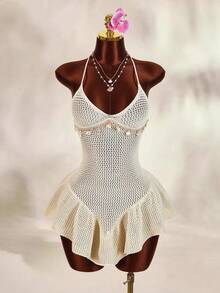 Amplova Women's Halter Backless Starfish & Shell Detail Ruffle Hem V-Split Maxi Dress - Apricot - View 3