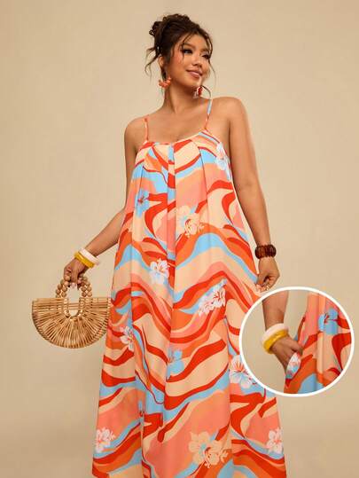 Travachic Plus Size All-Over Print Casual Dress With Pockets Boho Style Women, Resort Outfit For Women, Island Holiday Outfit, Havana Outfit, Summer Outfit, Spring Outfit, Beach Outfits,Tropical Outfit, Mexican Style