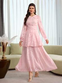 Graceveil 优雅提花束腰长袖开衫搭配喇叭裙套装，柔美淡粉色，女士款 - 粉色 - 查看 4