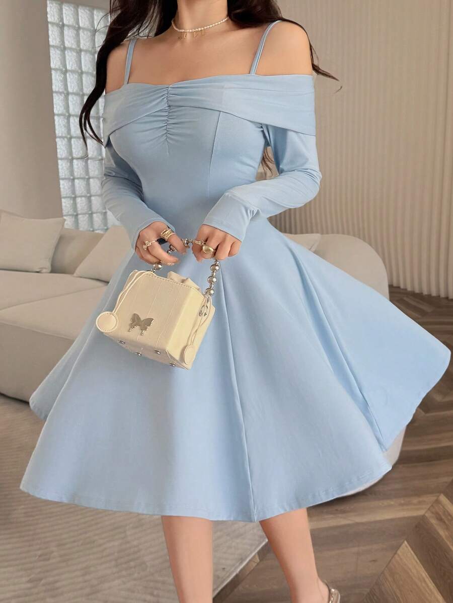 Feyla Đầm dài tay trễ vai kiểu Pháp mới về, thanh lịch, ôm eo, dáng chữ A. - Màu xanh nhạt - Xem 1