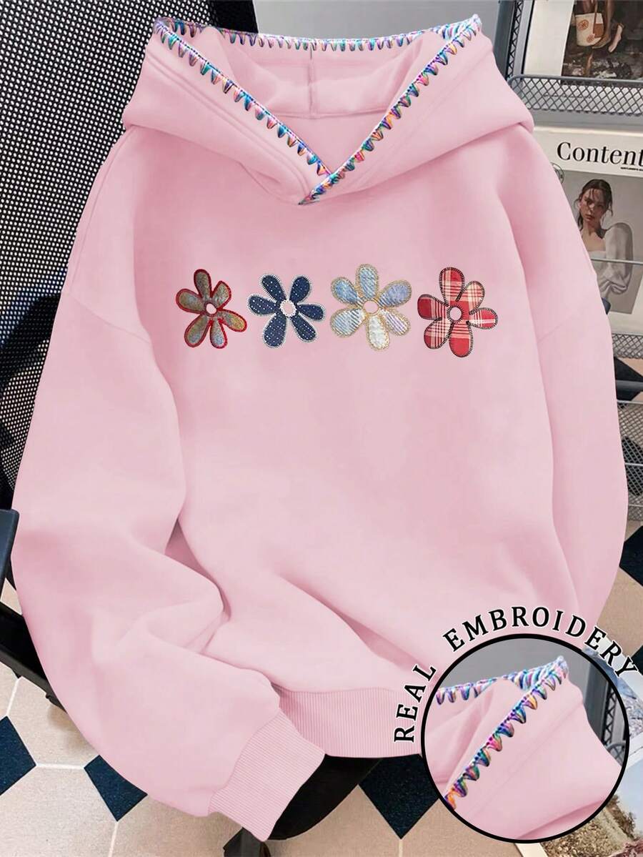 Resyla Plus Size Casual Colorblock Embroidered Floral Sweatshirt Sweatshirt, Autumn/Winter - Multicolor - View 1