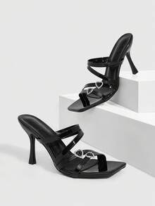 CUCCOO SZL Women Shoes Spring And Summer New Black Square Toe Slender High Heel Multi-Strip With Love Buckle Women's High Heel Sandals Fashion Comfortable Versatile Sexy Party Women's Sandals Women's Shoes - Black - View 1