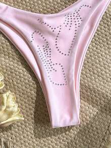 Swim Mod Halter Tie Pink Rhinestone Embellished Bikini Swimwear Set - Pink - View 8