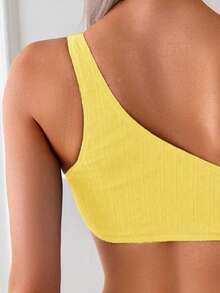 Swim Basics Set Bikini Wanita Warna Kuning Polos, Baju Renang Dua Potong untuk Liburan Pantai Santai Musim Panas, Baju Renang Bergaris Satu Bahu - Kuning - View 7
