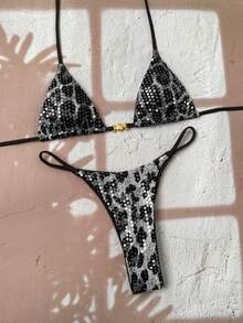 Swim Chiccia Bộ bikini hai mảnh thời trang đi biển năm 2026 dành cho nữ, họa tiết da báo phối màu dễ thương, trang trí vỏ sò kim loại, kiểu buộc dây cổ yếm hở lưng, dây mảnh, thích hợp cho kỳ nghỉ hè ở bãi biển và tiệc đêm trên bãi biển. - Nhiều màu - Xem 4