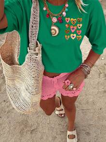 DrmWander Women's T-Shirt, Casual Street Style Graphic Short Sleeve T-Shirt, Cute Summer Top - Green - View 2