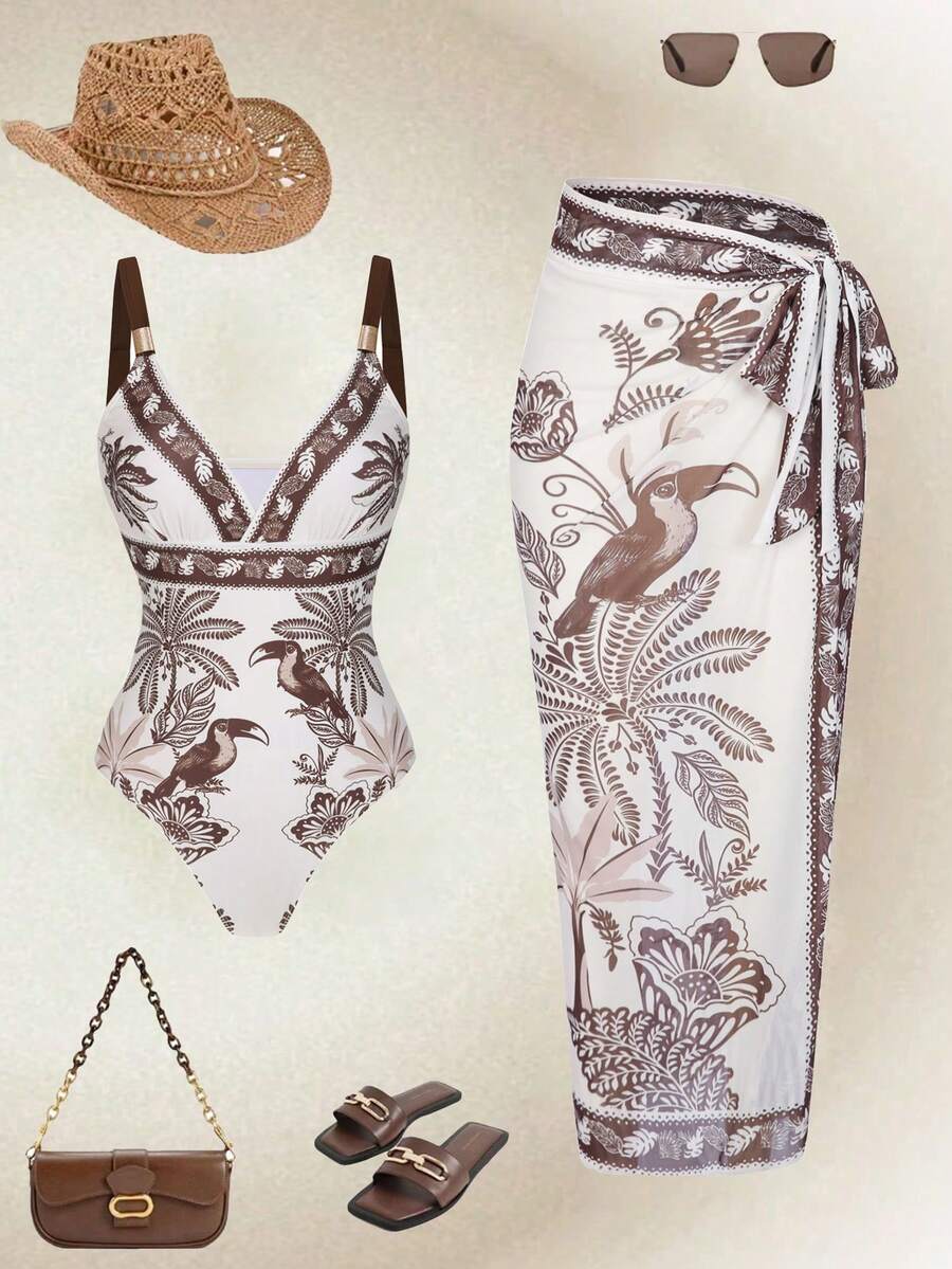 Swim Oasis 2025新款春夏女士两件套印花泳衣+网纱长裙沙滩度假休闲泳装套装 - 彩色 - 查看 1