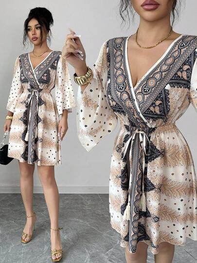 Elenzga 女士夏季外出、约会、新年、情人节、复活节、母亲节、音乐节、中东风情、婚礼、优雅复古休闲通勤浪漫度假V领裹身印花弹力腰流苏系带修身常规短款七分袖喇叭袖连衣裙，杏色