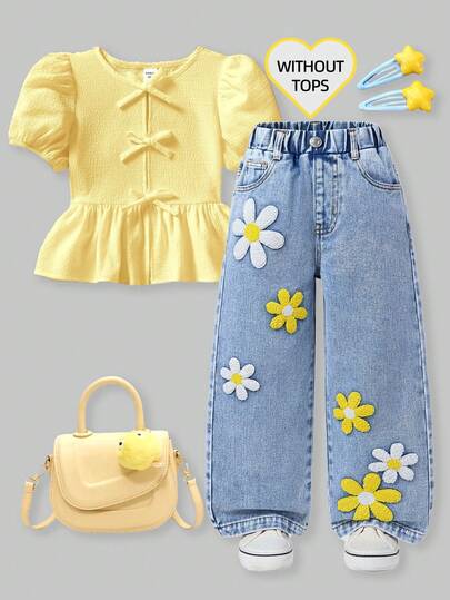 SHEIN ChillGRL Stylish Young Girl Long Blue Denim Jeans With Charming Floral Flocking, Comfortable Straight Leg 70s Jeans