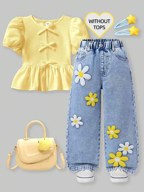 SHEIN ChillGRL Stylish Young Girl Long Blue Denim Jeans With Charming Floral Flocking, Comfortable Straight Leg 70s Jeans