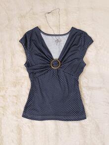 INAWLY Blusa casual de mujer con estampado de lunares y detalle de nudo, para verano - Azul Marino - Ver 3