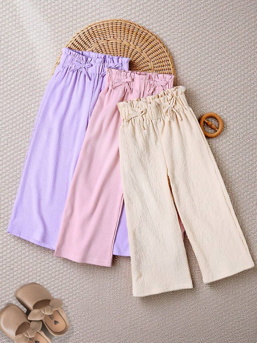 3 Stücke/Set Hosen Set für Kleine Mädchen, 3D Schleife Strick, plissierter Stoff, süßer für Ausflüge. Mehrfarbige Kombination, Apricot/Rosa/Lila, gerade Beinform vielseitig. Frühling/Sommer, reguläre Dicke bequemer Stoff. - Verschiedenfarbig - Übersicht 1