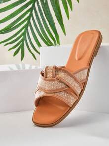 SHUZIA 女士简约休闲舒适交叉平底凉鞋 - 杏色 - 查看 7