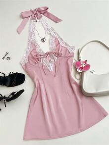 TRNVIE 早春、秋季和冬季粉色时尚休闲通勤女式深V领吊带露背修身A字迷你连衣裙，适合度假、情人节、约会之夜 - 粉色 - 查看 4