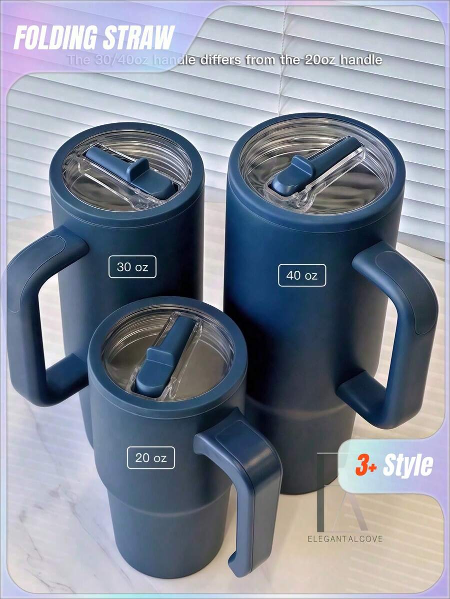 海军蓝 - 20/30/40盎司不锈钢保温杯，带手柄和可折叠吸管，双层真空隔热，冷热饮皆宜，简约旅行杯 - 藏蓝色 - 查看 1
