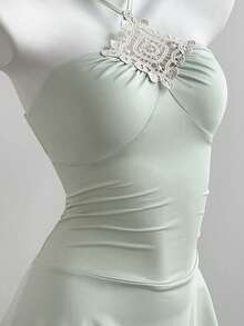 Elamini Y2K风格镂空领系带双层喇叭迷你连衣裙（女款） - 薄荷綠 - 查看 5