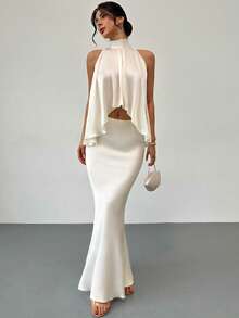 Firerie Elegant Tie-Up Back Ruffle Chiffon Blouse For Women - Apricot - View 1