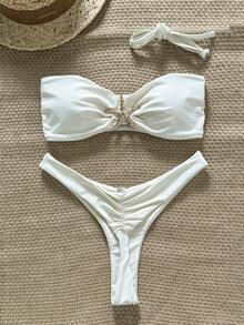 Swim Mod 女士纯色吊带海星金属装饰性感比基尼套装，夏季 - 米色 - 查看 1