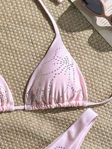 Swim Mod Halter Tie Pink Rhinestone Embellished Bikini Swimwear Set - Pink - View 7